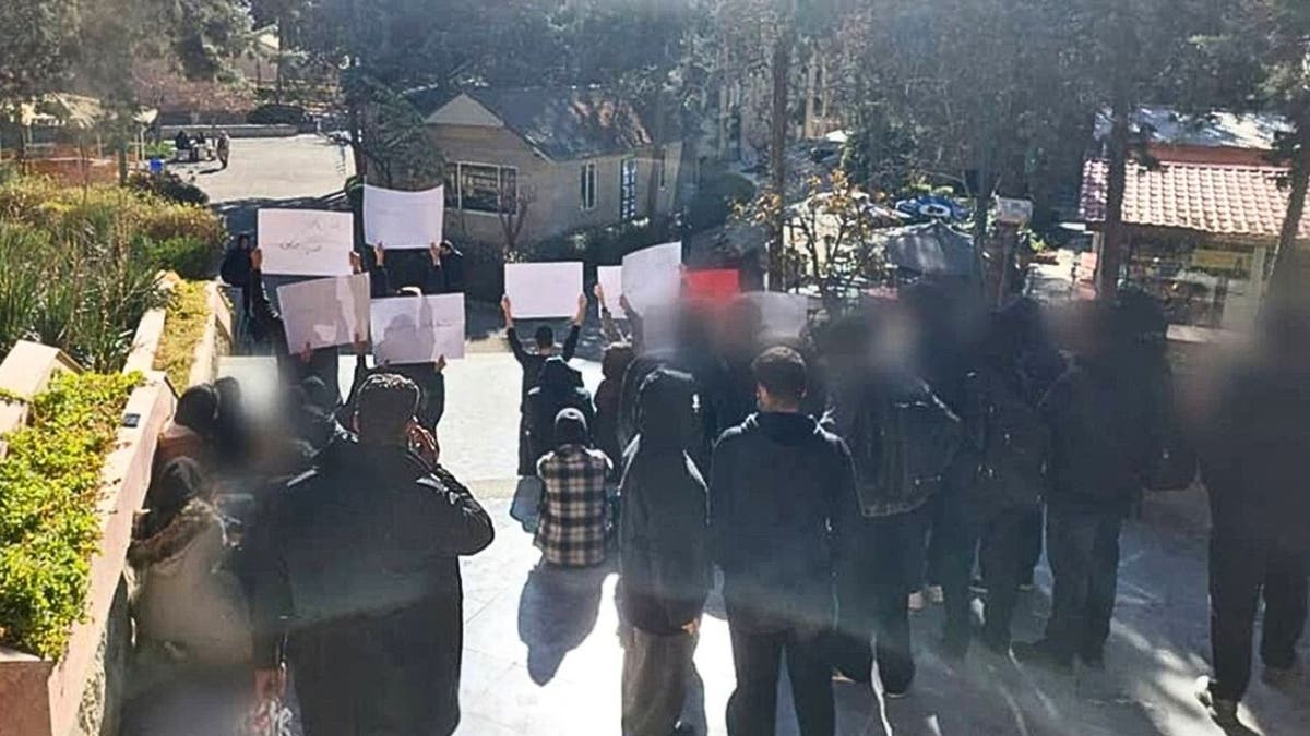 Protesters hold signs during a demonstration in Iran.