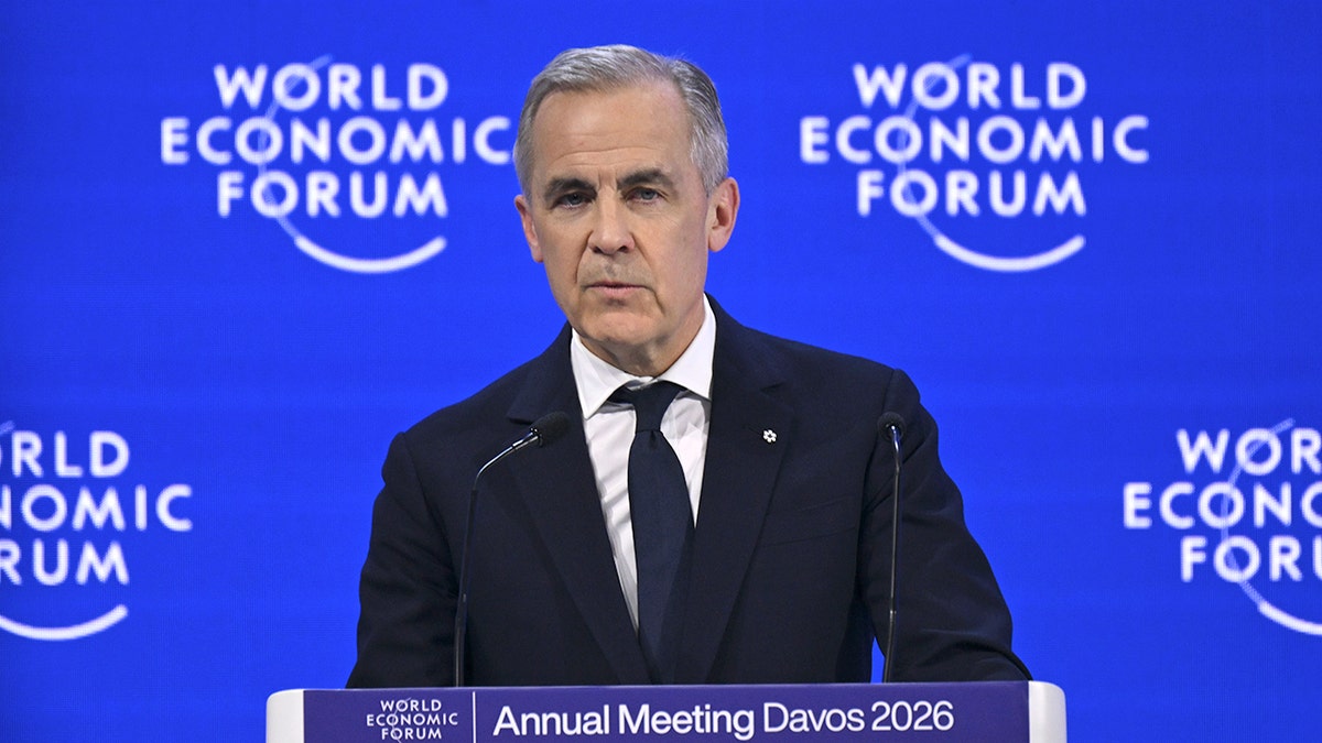 Canadian Prime Minister Mark Carney delivers a speech at the World Economic Forum Annual Meeting held in Davos, Switzerland, on Jan. 20, 2026. 