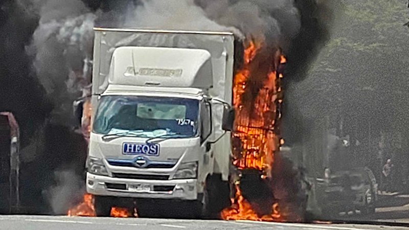 Flames engulf truck outside Central Station in Brisbane CBD