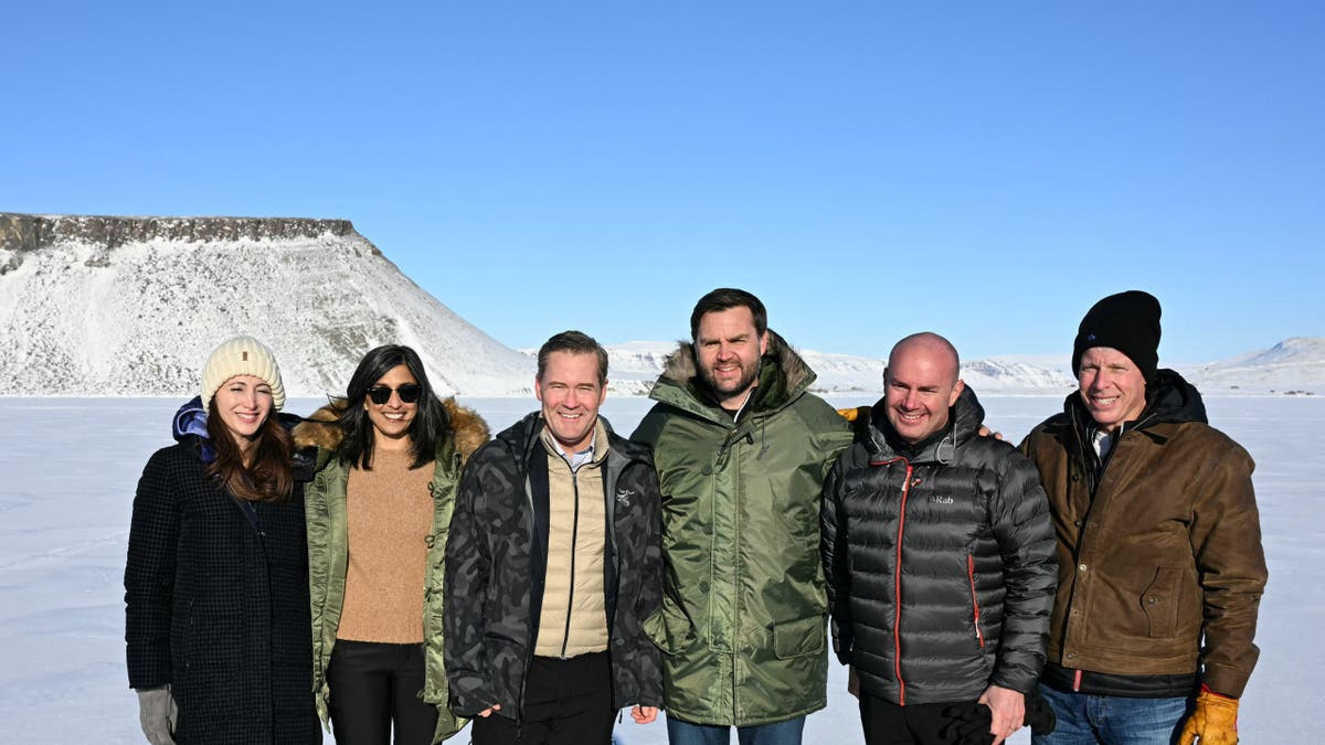 U.S. Vice President JD Vance poses with second lady Usha Vance, National Security Advisor Mike Waltz, his wife , former homeland security advisor, Julia Nesheiwat and Secretary of Energy Chris Wright as they tour the US military's Pituffik Space Base in Greenland on March 28, 2025. Jim Watson/Pool via REUTERS