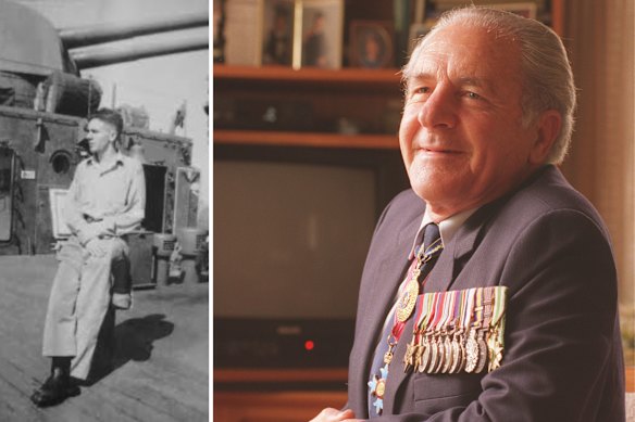 Rothesay Swan as a teenager at war on the HMAS Shropshire, left, and at his home in Killara in 2004.