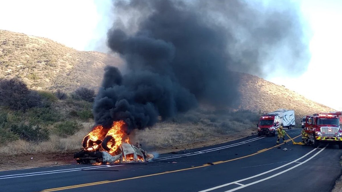 Car on fire after a fatal crash near San Diego
