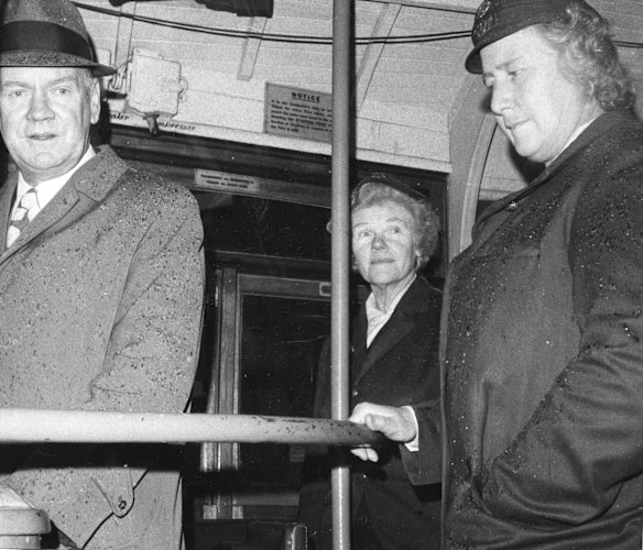 Melbourne’s first female tram driver, Joyce Barry (right), with conductor and fellow tram-driver trainee Catherine Stone in 1973.