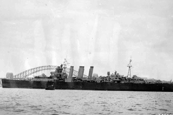Australian heavy cruiser HMAS Shropshire in Sydney Harbour. The boat was one of four Australian ships at Leyte Gulf in 1944.
