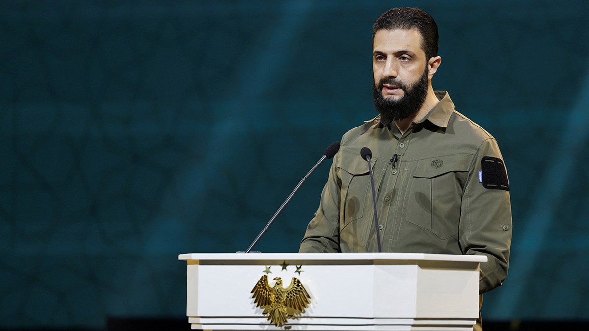President Ahmed al-Sharaa speaking in Damascus.