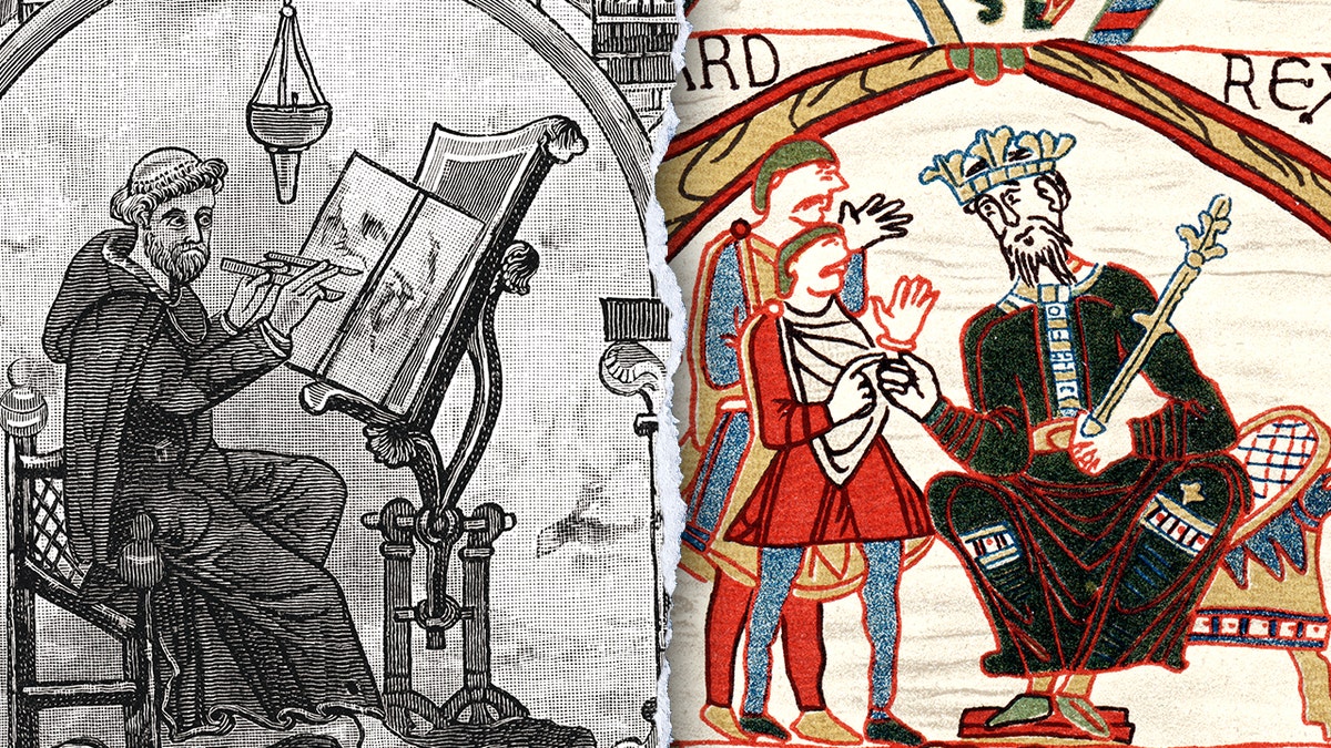 Split image of medieval monk, Bayeux Tapestry