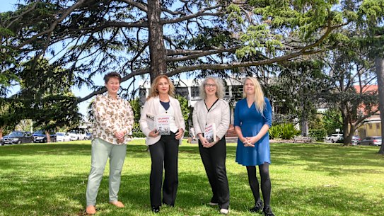 Alice Anderson Memorial Project members Stella Loong, Tina Russo, Samantha Loverich, and Susan Reddrop at Petrie Square in Kew, where a new statue is proposed.