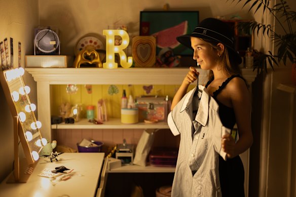 Ruby Arnott, 10, prepares for her first day at Newington College last Wednesday.