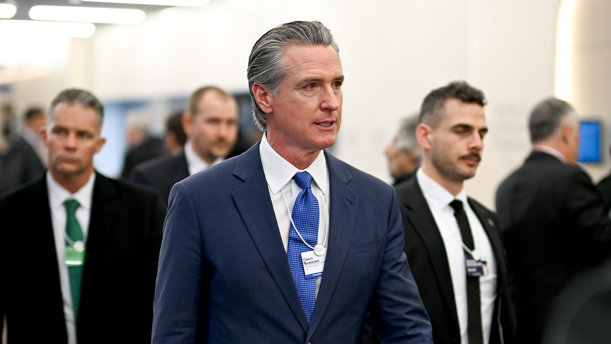 The California governor appears at an international economic conference.