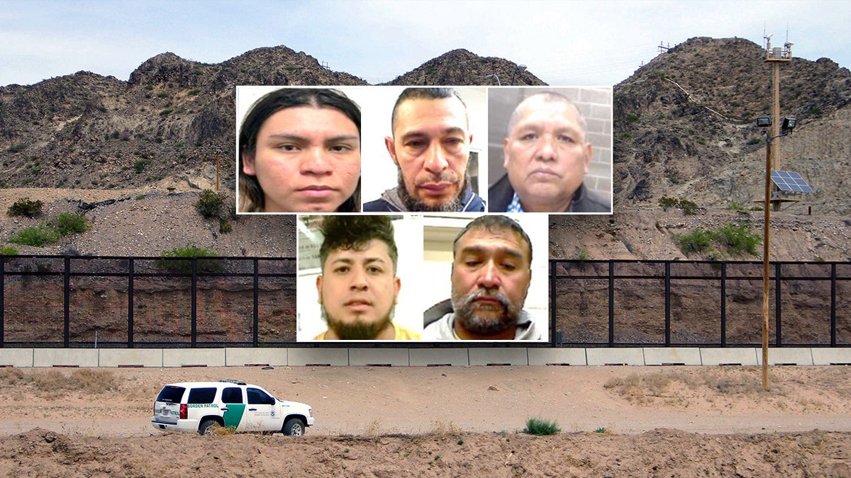 Split photo of five mugshots.