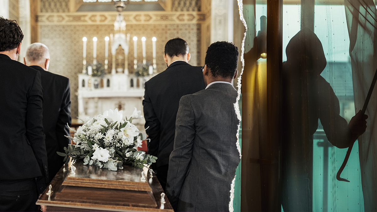 Pallbearers carry a casket in a church beside a split image showing a burglar silhouette entering a home through a window