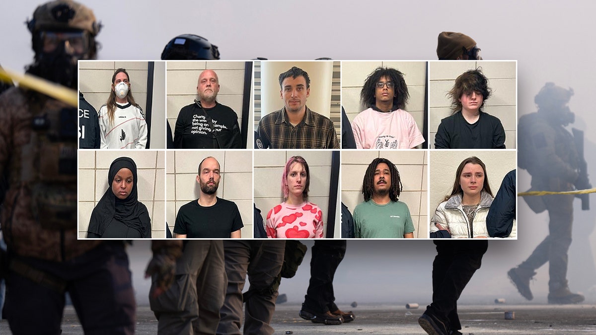 10 split images of protester mugshots with federal agents in the background