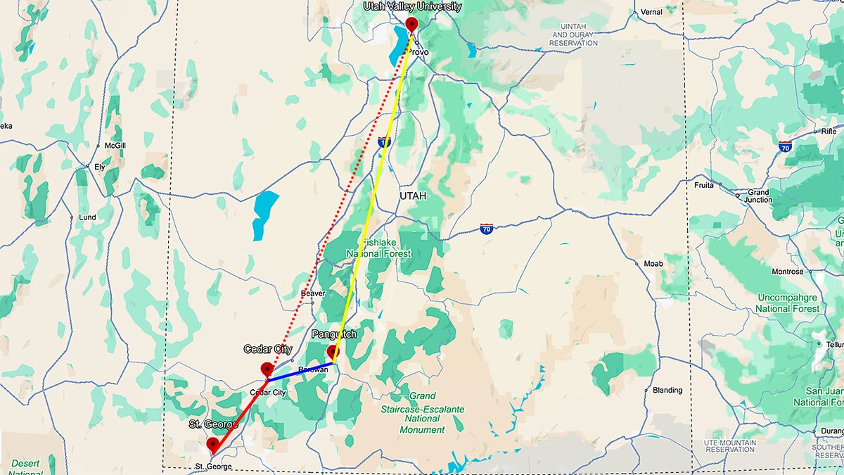Possible routes drawn on a Google Earth map.