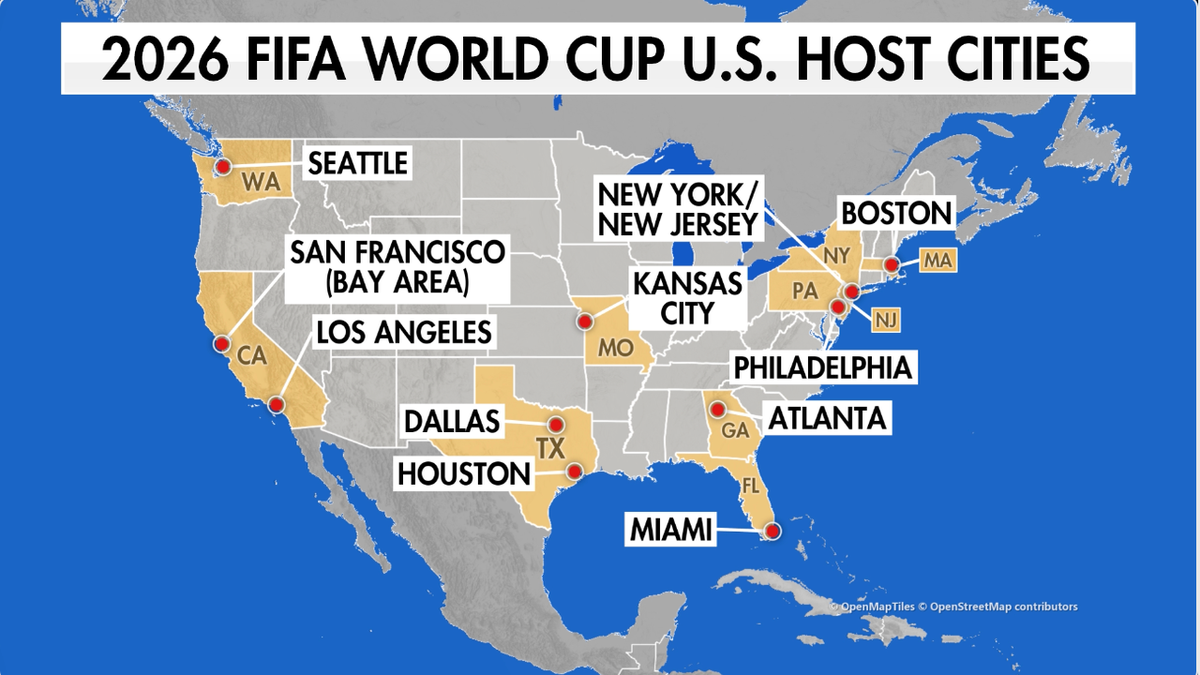Map showing host cities for the 2026 FIFA World Cup across the United States, Mexico and Canada.
