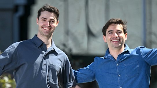 Sean Johnston (left) and Nick Cox star in The Book of Mormon.