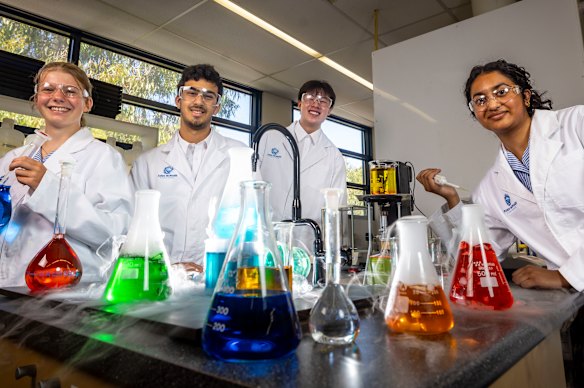 Year 11 students Eliska van der Veen, Issam Alaeddine, Alexander Chan and Hansika Tummala joined John Monash Science School this year. Of the 34 new year 11 students, 21 are girls. 