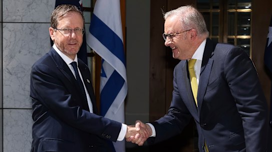 Israeli President Isaac Herzog with Prime Minister Anthony Albanese at Parliament House on Wednesday.