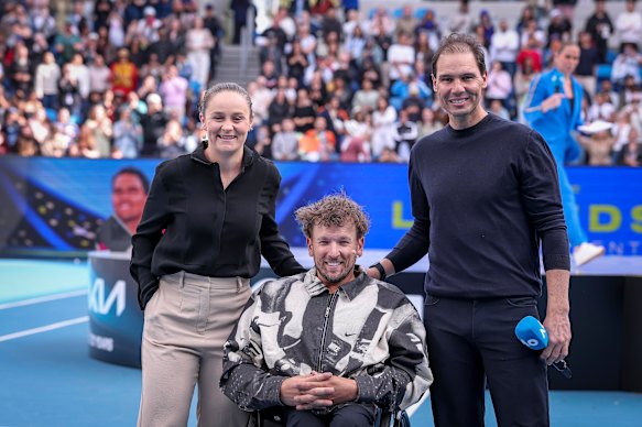Ash Barty, Dylan Alcott (centre) and Rafael Nadal at the KIA Arena.