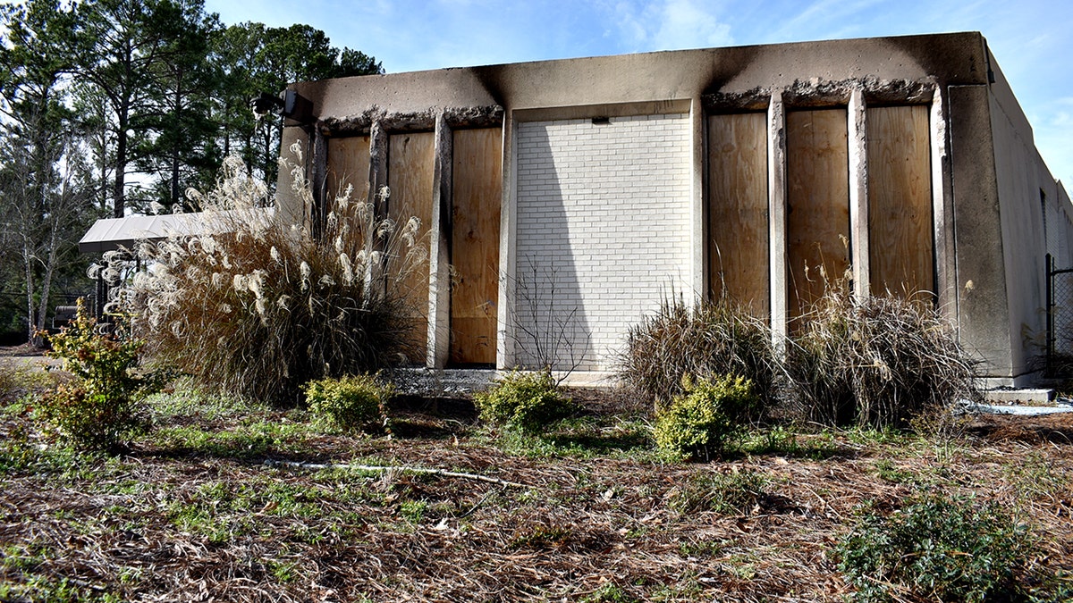 Charred exterior of synagogue