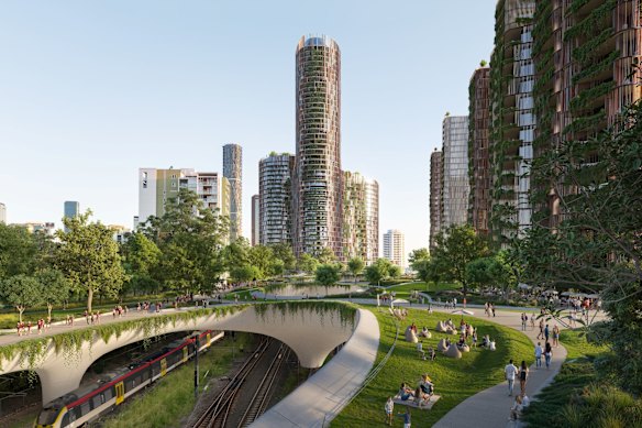 Bureau Proberts wants a green canopy to span the railway and roads between the Roma Street Parklands and Petrie Terrace. 