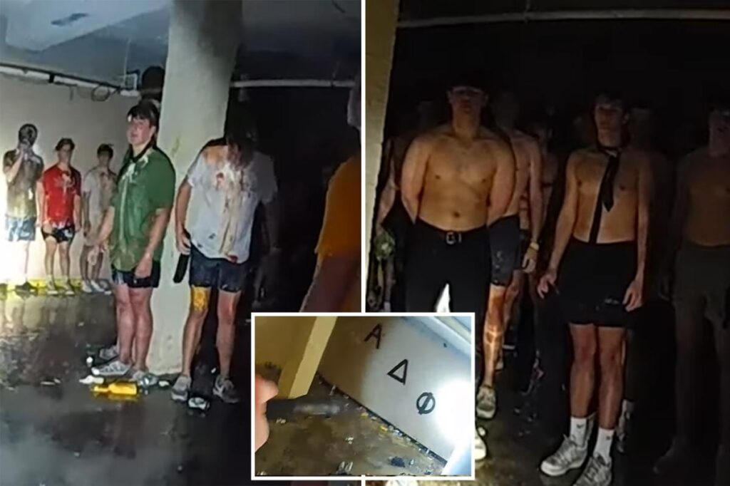 Disturbing viral bodycam footage captures dozens of shirtless, blindfolded University of Iowa pledges covered in food in frat basement