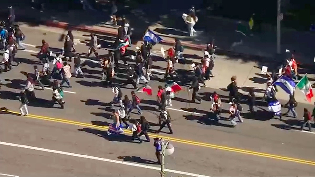 Protesters walking in the street and holding flags