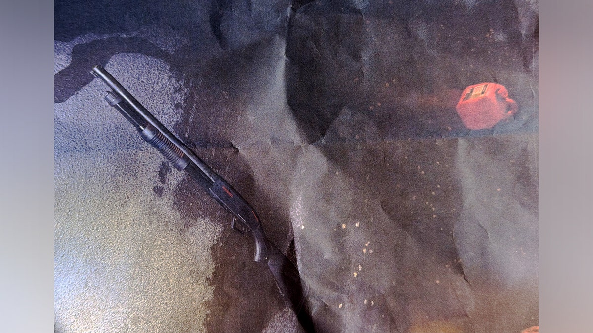 A shutgun sits next to what appears to be a fuel can