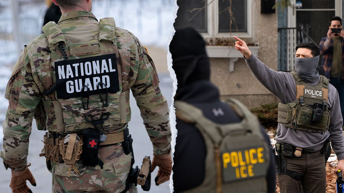 ICE officers and a National Guard soldier in split images. 