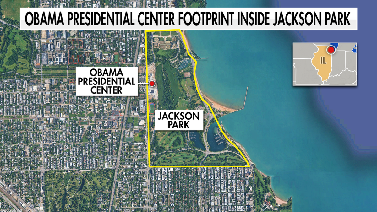 Map graphic of Jackson Park in Chicago outlining the Obama Presidential Center site within the park near Lake Michigan.