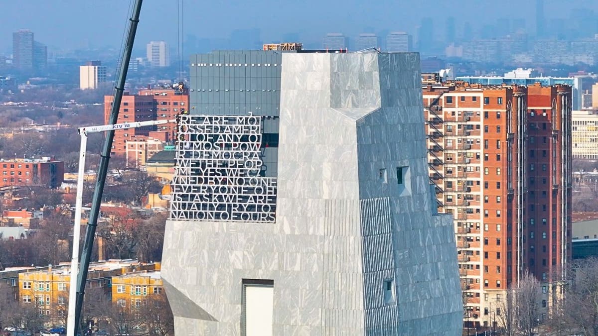 Exterior view of the Obama Presidential Center tower under construction in Chicago.