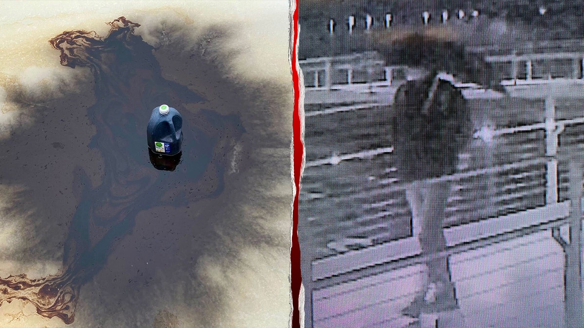 split image between toxic chemical and surveillance video of suspect