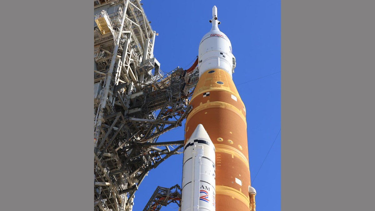 Top of Artemis rocket on launch pad