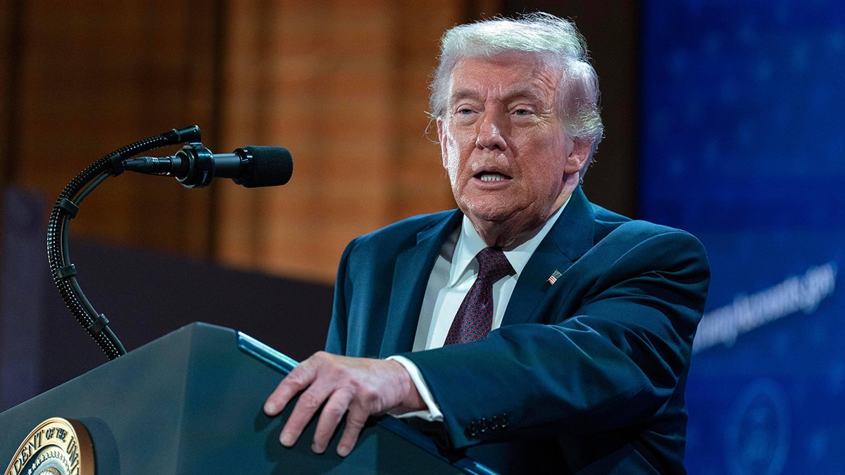 Donald Trump speaking at the Andrew W. Mellon Auditorium in Washington.
