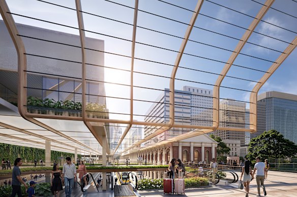 A design proposal for Brisbane Central shows the station opened to the sky and the Anzac Square Building.