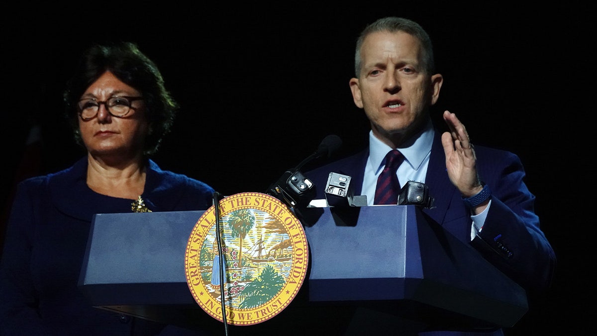 Speaker of the Florida House of Representatives Paul Renner, right, and President of the Florida Senate Kathleen Passidomo at the Coastal Community Church at Lighthouse Point on May 16, 2023.