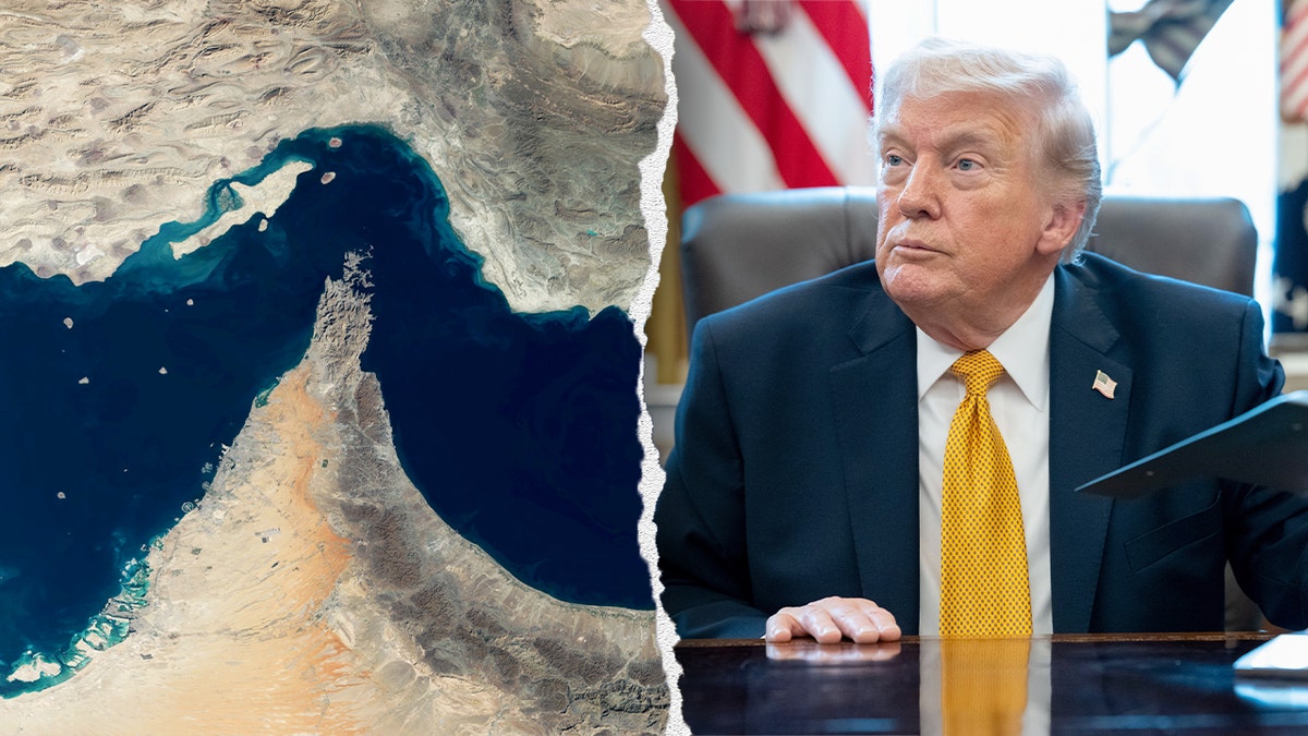 A split image featuring an aerial satellite view of the Strait of Hormuz and President Donald Trump seated at a desk.