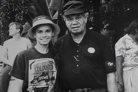 Rhoda and her father, Frank Roberts Jnr on the day of the Long March Indigenous protests, January 26, 1988. 