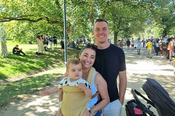 Shaelli and Brad Kovac with Millie at the Moomba Parade on Monday.
