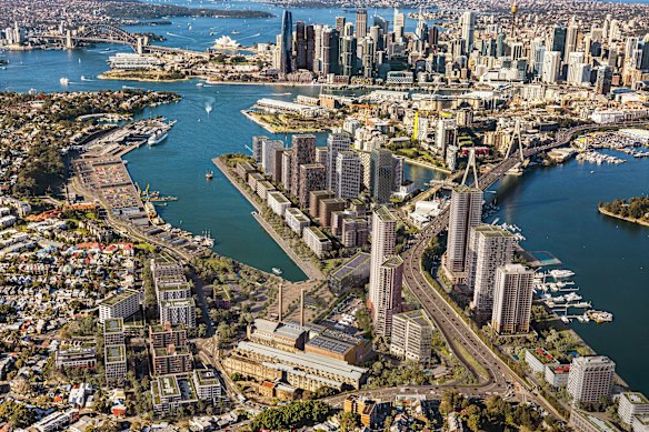 An aerial imagining of what a transformed Glebe Island might look like.