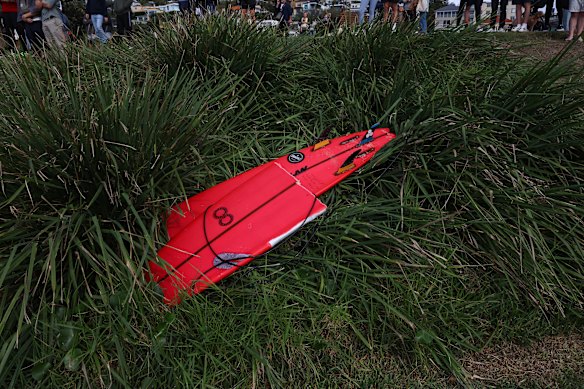 A broken surfboard left on the shoreline.