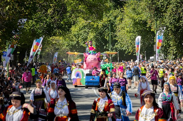 A flying pig unicorn makes its way through Kings Domain on Monday.