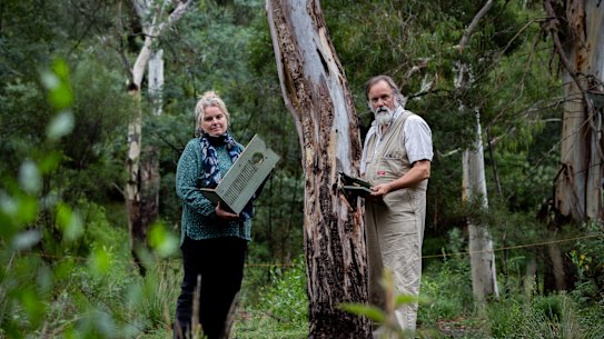 Darebin Creek Management Committee executive officer Annette Salkeld (left) and ranger Peter Wiltshire with a vandalised wildlife box.