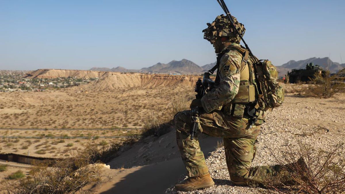 Army Sgt. Drew Scheffer, assigned to Joint Task Force Southern Border, provides surveillance over the southern border near Santa Teresa, N.M., April 12, 2025.