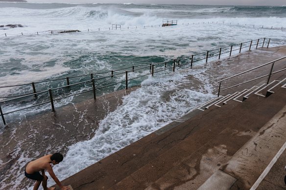 Dee Why rock pool on Saturday morning as large swells smash the east coast of NSW.