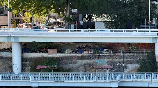A makeshift homeless encampment under the Riverside Expressway in Brisbane CBD.