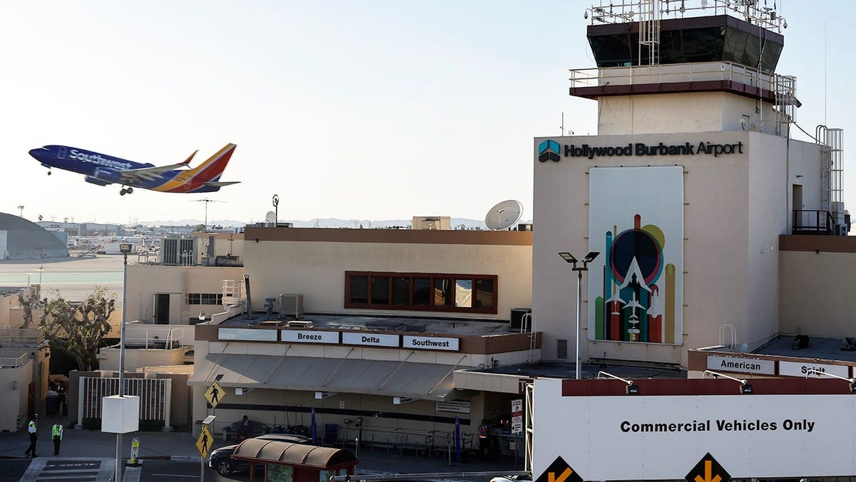 A Southwest Airlines plane taking off from Hollywood Burbank Airport in California.