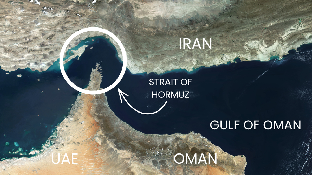 A satellite view of the Strait of Hormuz, a critical chokepoint for global energy supply, connecting the Persian Gulf to the Gulf of Oman.