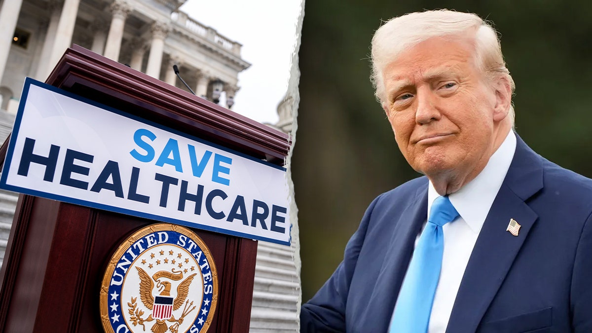 Donald Trump next to a podium on Capitol Hill with the words "SAVE HEALTHCAQRE" written across it