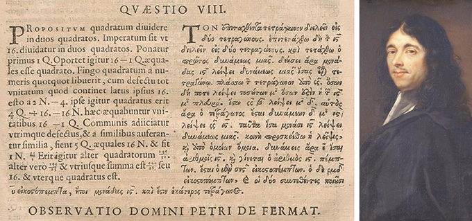 A 1670 edition of the third-century Greek tome Arithmetica next to a portrait of Pierre de Fermat.