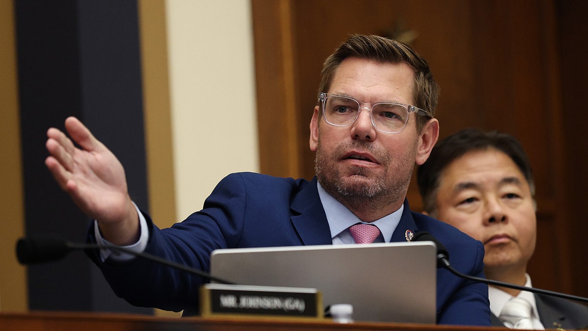 Rep. Eric Swalwell speaking during a House Judiciary Committee hearing with FBI Director Kash Patel in Washington, D.C.